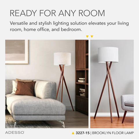 Table Lamp With Walnut Tripod Base And White Linen Drum Shade For Bedside, Home Office Or Living Room Decor, 29.5-Inch Tall