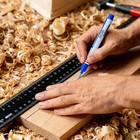 Long Head Deep Hole Marker Pens 5 Pack, 20mm Quick Dry Waterproof Long Nib Permanent Markers for Construction and Metal Marking in use