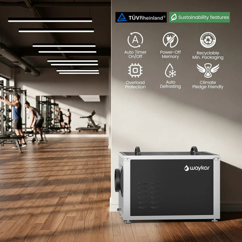 Heavy-Duty 216 Pint Crawl Space Dehumidifier With Built-In Pump And Remote Control For Whole House And Basement, 8000 Sq Ft Coverage in gym setting.