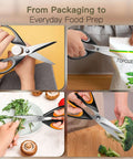 Heavy Duty Kitchen Scissors Three Pack Set Stainless Steel Kitchen Shears cutting various foods for meal prep