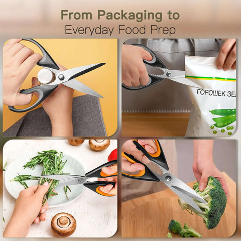 Heavy Duty Kitchen Scissors Three Pack Set Stainless Steel Kitchen Shears cutting various foods for meal prep