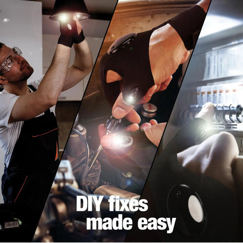 Handsfree LED Flashlight Gloves for Dads and DIYers in use during home improvement, fishing, and car work projects.