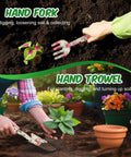 Hands using floral hand fork and trowel in gardening, part of All In One Garden Gift Set For Women Pink Edition With Hand Fork Trowel Gloves Apron And Tools Kit Gift Box Included Perfect Birthday Present For Mom Grandma Wife Garden Lovers.