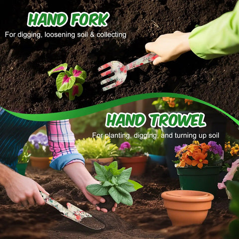 Hands using floral hand fork and trowel in gardening, part of All In One Garden Gift Set For Women Pink Edition With Hand Fork Trowel Gloves Apron And Tools Kit Gift Box Included Perfect Birthday Present For Mom Grandma Wife Garden Lovers.