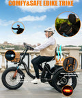 Long Range Electric Trike For Adults With 998.4Wh Battery And 1200W Peak Motor Fat 20x4.0 Tires Foldable 3 Wheel Butterfly Handlebar Built In Storage Bags Comfortable Upright Ride Black, rider side view