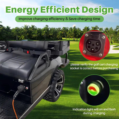 Heavy Duty 10 Foot Electric Golf Cart Charging Cable With 16A Quick Charge Three Pin Power Cord plugged into golf cart.