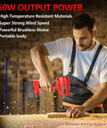 Man using Turbo Jet Blower Cordless Dust Blower For Milwaukee M18 18V Battery, showcasing 350W output in workshop setting.