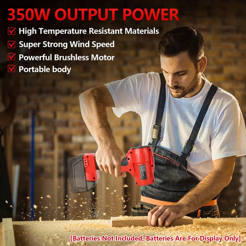 Man using Turbo Jet Blower Cordless Dust Blower For Milwaukee M18 18V Battery, showcasing 350W output in workshop setting.