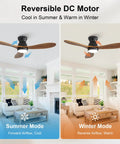 Top Notch 42 Inch Ceiling Fan With Soft Warm Light, App And Smart Remote Control, Dead Silent Dc Motor, Three Handcrafted Wood Blades, Smooth Six Speed Airflow, Cozy Bedroom Patio Glow Up showing summer and winter airflow modes.