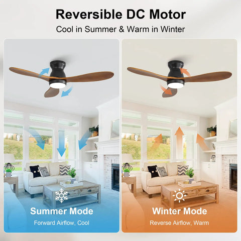 Top Notch 42 Inch Ceiling Fan With Soft Warm Light, App And Smart Remote Control, Dead Silent Dc Motor, Three Handcrafted Wood Blades, Smooth Six Speed Airflow, Cozy Bedroom Patio Glow Up showing summer and winter airflow modes.