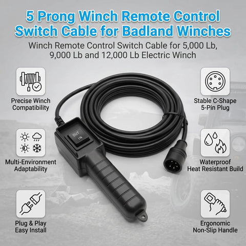 Premium 5 Pin Winch Remote Control Switch Cable For Badland Electric Winches 5000 Lb 9000 Lb And 12000 Lb Series Models with ergonomic handle.