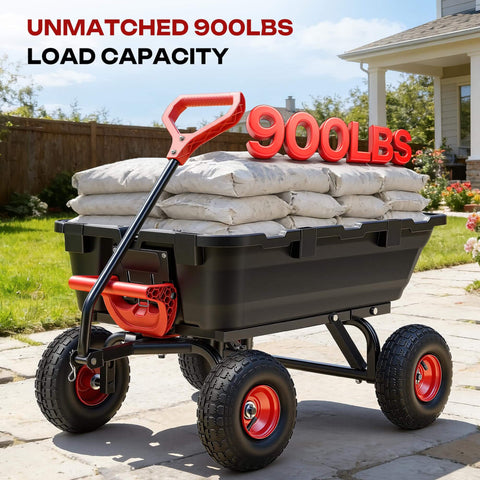 Heavy Duty Garden Dump Cart For Yard Farm And Garden Hauling With 900 Lb Capacity And 10 Inch Non Slip Pneumatic Tires Quick Release System Four Wheel Steel Frame Wagon For Easy Transport And Heavy Load Hauling loaded with sacks in a garden setting