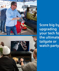 People enjoying football at tailgate party and home watch party, TVs displaying game action, social gathering atmosphere