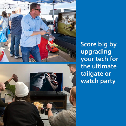 People enjoying football at tailgate party and home watch party, TVs displaying game action, social gathering atmosphere