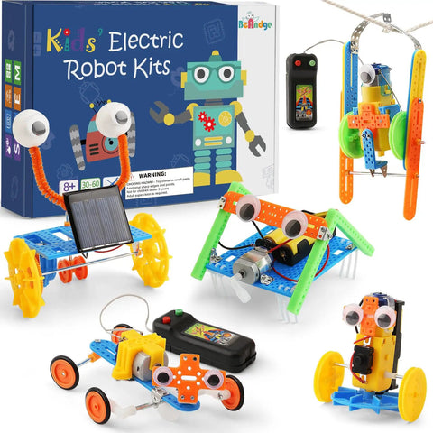 Five Robot STEM Kit For Kids Ages Seven and Up with pictured robots and components