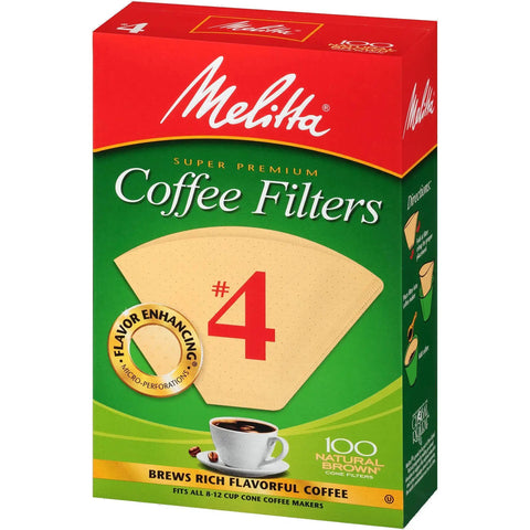 Size Four Natural Brown Coffee Filters Two Packs Of 100 Fits Eight Cup To Twelve Cup Cone Coffeemakers Double Crimp For Richer Flavor And Faster Brew For A Richer Cafe Quality Morning Brew box front view