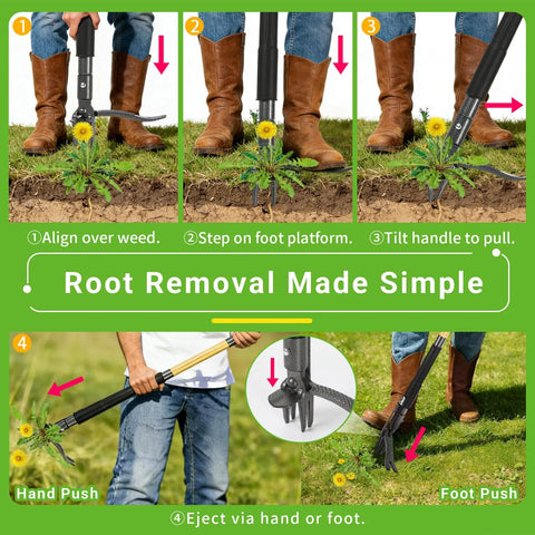 Stand Up Weed Puller Tool With Dual Action Pop Up Mechanism For Easy Weed Removal In Garden Lawn And Yard 43.5 Inch Long Durable Ergonomic Handle For Quick Dirt Uprooting, 4-claw steel head
