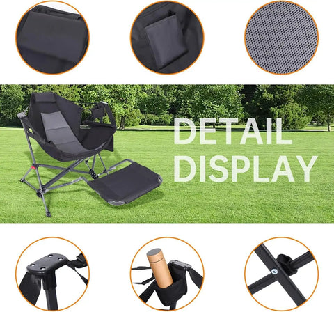 Ultimate Outdoor Hammock Chair With Removable Footrest And Stand, detail view with cup holder, fabric, and footrest on lawn