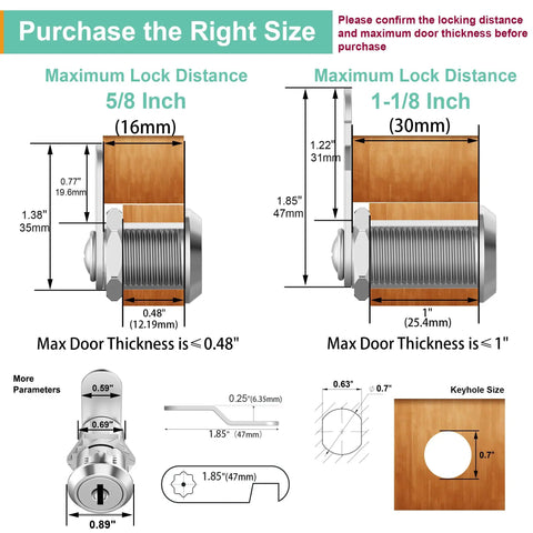 Diagram showing dimensions of Six Pack Cabinet Locks With Keys, Five Eighth Inch Cam Lock Keyed Alike, for safe drawer, toolbox use.