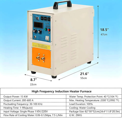 Top Shelf Industrial Induction Heater 15KW Power: 15KW furnace with control panel, dimensions 21.6x18.5x8.7 inches, for metal melting.