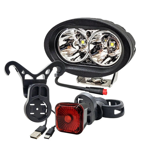 High Output White LED E Bike Headlight With USB Rechargeable Power And 4 Mode Smart Sensor Brake Light 12V To 60V Compatible Ultra Bright For Rad Power Bikes RadMini RadRover RadExpand RadRunner And Vamoose Mammoth