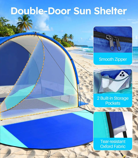 Beach Tent With Double Zippered Doors And Breathable Mesh For Two To Three People on a sunny beach with detailed inserts showing features.