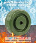 Caster wheel, green epoxy resin, 4 in x 1.5 in, 3/8 in bore, high-temperature oven rack replacement wheel.