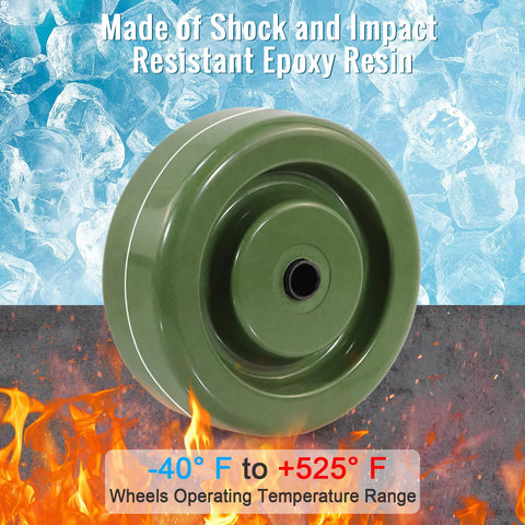 Caster wheel, green epoxy resin, 4 in x 1.5 in, 3/8 in bore, high-temperature oven rack replacement wheel.