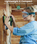 Person using Powerful Pro Grade 300W Random Orbital Sander With Six Variable Speeds 6000 To 13000 RPM on wood surface