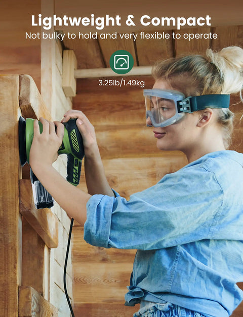 Person using Powerful Pro Grade 300W Random Orbital Sander With Six Variable Speeds 6000 To 13000 RPM on wood surface