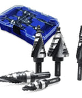 Pro Grade Workhorse 5 Piece High Speed Steel Step Drill Bit Set For Sheet Metal With 50 Hole Sizes Double Flute Cutting Nitride Black Coated And Polished Finish Includes Storage Box, showing drill bits and storage case.