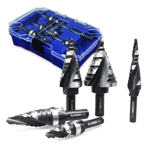 Pro Grade Workhorse 5 Piece High Speed Steel Step Drill Bit Set For Sheet Metal With 50 Hole Sizes Double Flute Cutting Nitride Black Coated And Polished Finish Includes Storage Box, showing drill bits and storage case.