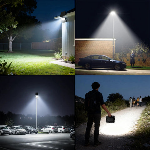 Collage of 60W Solar Flood Light illuminating yard, parking lot, and path at night, showcasing waterproof design and remote control use in different settings.