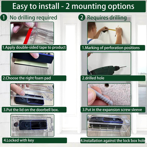 Installation steps for Anti Theft Video Doorbell Mount In Transparent Acrylic Lock Box for Small Doorbells Up To 5.5 Inches Long 2.16 Inches Wide 1.49 Inches High Compatible With Blink Ring Pro Eken And More For Home Or Office.