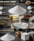 Sodium silicate powder for industrial use, showing pouring into water, featuring samples of concrete, paper filler, and foundry materials. Tough As Nails Sodium Silicate Powder Heavy Duty Concrete Sealer Industrial Floor Hardener Dust Free Water Glass Treatment Built Solid For Wood And DIY Home Projects.