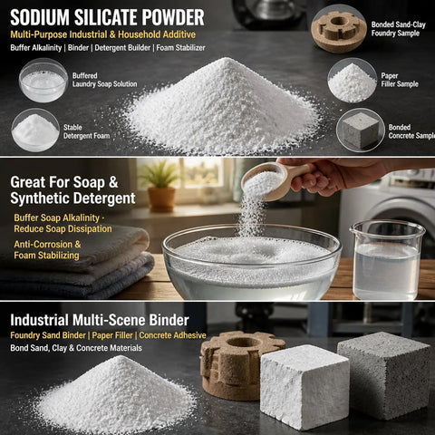 Sodium silicate powder for industrial use, showing pouring into water, featuring samples of concrete, paper filler, and foundry materials. Tough As Nails Sodium Silicate Powder Heavy Duty Concrete Sealer Industrial Floor Hardener Dust Free Water Glass Treatment Built Solid For Wood And DIY Home Projects.
