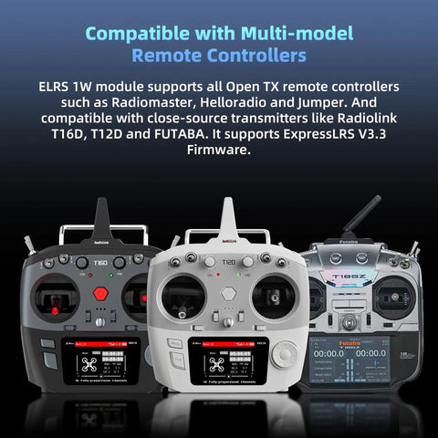 Three multi-model remote controllers compatible with 2.4GHz ELRS Long Range Module With 1W Transmission Power And Built In Cooling Fan.