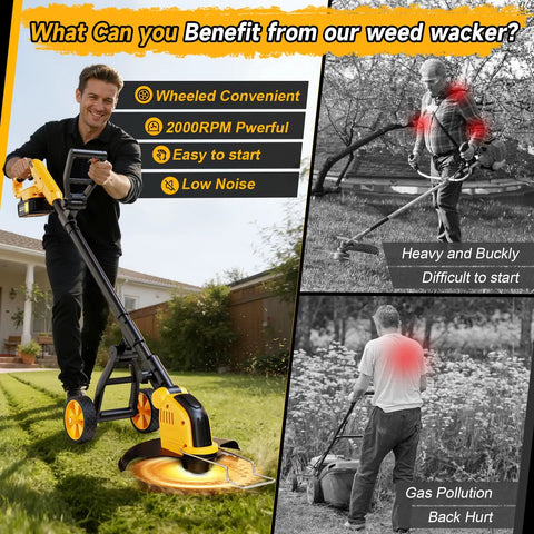 4-In-1 Cordless Weed Wacker With Wheel No Cords Needed 12-Inch Cutting 20000 RPM Brushless Electric Weed Eater in use on lawn