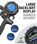 Digital Tire Pressure Gauge With Inflator 3-200 PSI showing large backlit LCD display and 2AAA batteries
