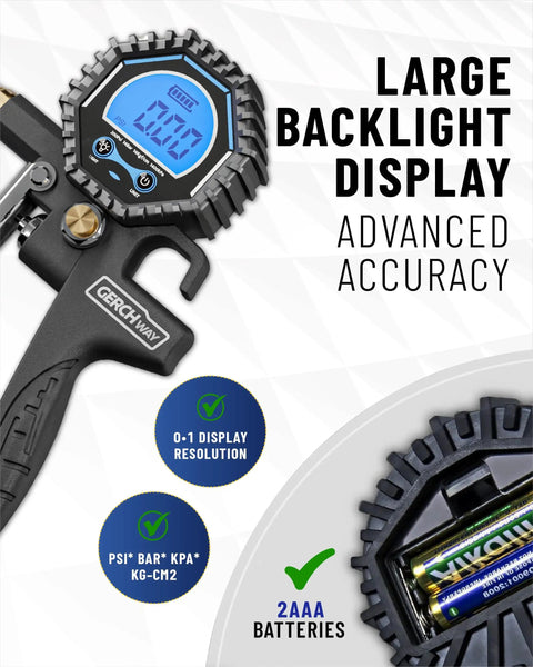 Digital Tire Pressure Gauge With Inflator 3-200 PSI showing large backlit LCD display and 2AAA batteries