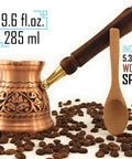 IST Series Thick Solid Copper Engraved Cezve For Stovetop Turkish Greek Arabic Coffee Pot with 9.6 fl oz capacity and wooden spoon