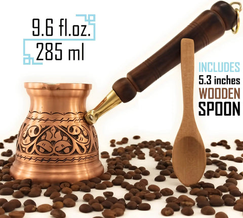 IST Series Thick Solid Copper Engraved Cezve For Stovetop Turkish Greek Arabic Coffee Pot with 9.6 fl oz capacity and wooden spoon