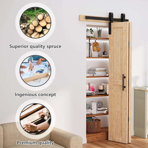 No Assembly Bi Fold Barn Door Set 30x84 With 36 Inch Hardware Kit displaying installed spruce wood door in living space