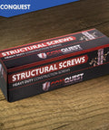 Pro Level Heavy Duty Structural Wood Screws Built Different Solid packaging, showing box of 25 flat head screws on wood surface.