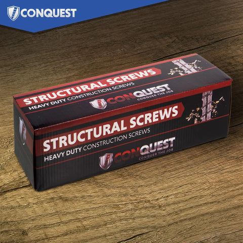 Pro Level Heavy Duty Structural Wood Screws Built Different Solid packaging, showing box of 25 flat head screws on wood surface.