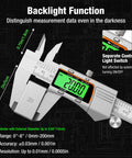 8 Inch Digital Caliper With Stainless Steel Body Large LCD Ultra Accurate To 0.001 Inch 0.0005 Inch Resolution Ideal For DIY Jewelry Making Woodworking Household Projects And Hobbyists with backlight function.
