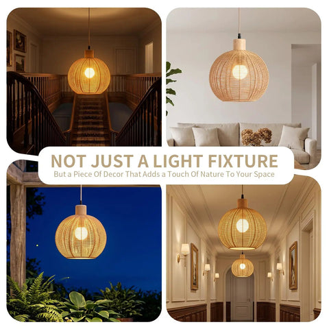 ZEORIVAX Rattan Pendant Light Fixture Bohemian Chandelier Large Semicircle hanging in a cozy hallway with light bulb.