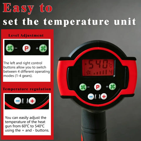 Digital control panel of Straight Up Heavy Duty Cordless Heat Gun With Digital LCD Display And 350W Rapid Heating Power.