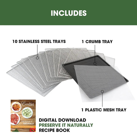 Includes 10 stainless steel trays, 1 crumb tray, 1 plastic mesh tray for Keep It Fresh With This Top Shelf Electric Food Dehydrator.