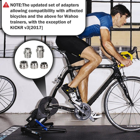 Cyclist using Durable Stainless Steel KICKR Thru Axle Adapter Kit for Wahoo KICKR Core V4 and Newer Models on indoor trainer